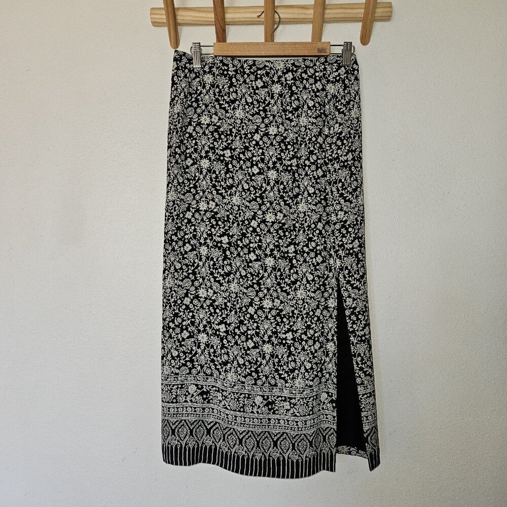 Talbots 100% Silk Floral Midi Skirt 10P Black White Side Slit Petite - Picture 3 of 15